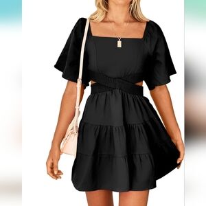 Velvet Black Size M. Mini Sundress with Flutter Sleeves